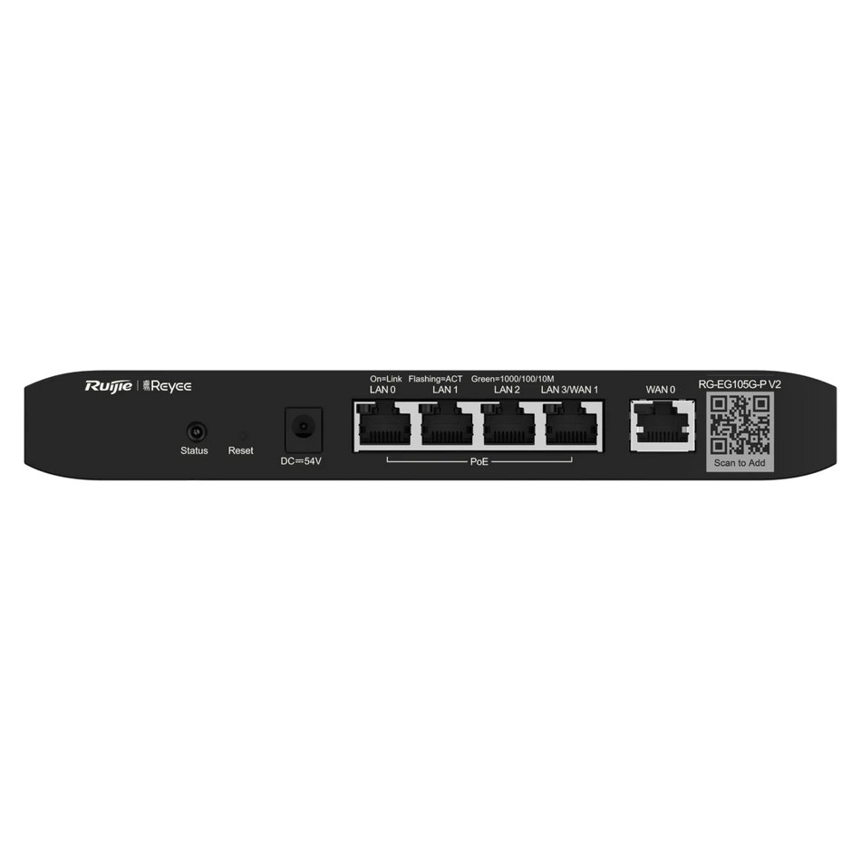 Reyee 5-Port Gigabit  Cloud Managed  router, 5 Gigabit Ethernet connection Ports including 4 PoE/POE+ Ports with 54W POE Power budget, Support up to 2 WANs, 100 concurrent users, 600Mbps