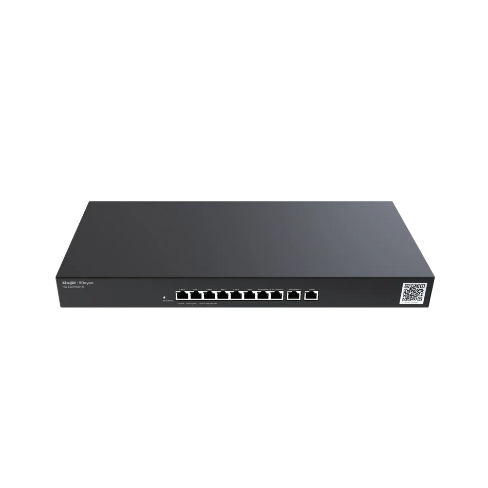 Reyee Rack-mountable 10-port full gigabit router, providing one WAN port, six LAN ports, and three LAN/WAN ports; recommended concurrency of 300, maximum 1.5 Gbps throughput; cloud remote management supported.