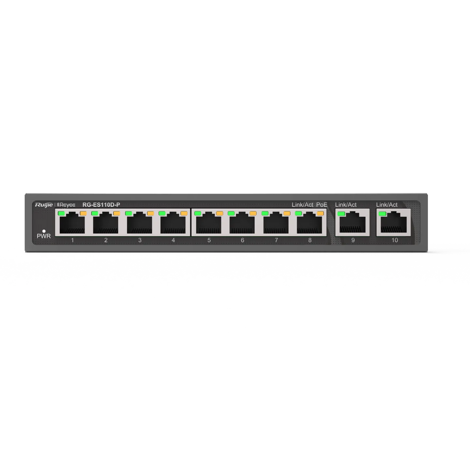 Reyee 8-Port 100Mbps + 2 Uplink Port 1000Mbps, 8 of the ports support PoE/PoE+ power supply. Max PoE power budget is 110W, unmanaged switch, desktop