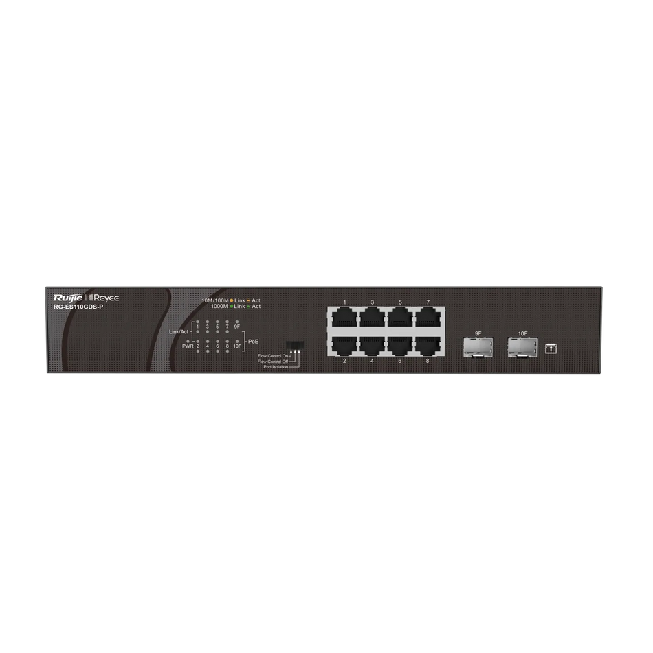 Reyee 8 x 1000M copper ports and 2 x 1000M uplink SFP ports: 8 ports for PoE/PoE+, with the maximum PoE power up to 120 W; unmanaged switch;