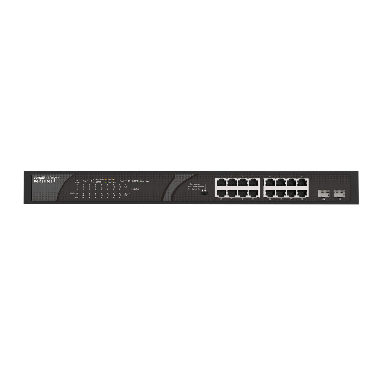 Reyee 16 x 1000M copper ports and 2 x 1000M uplink SFP combo ports: 16 ports for PoE/PoE+, with the maximum PoE power up to 247 W; unmanaged switch;