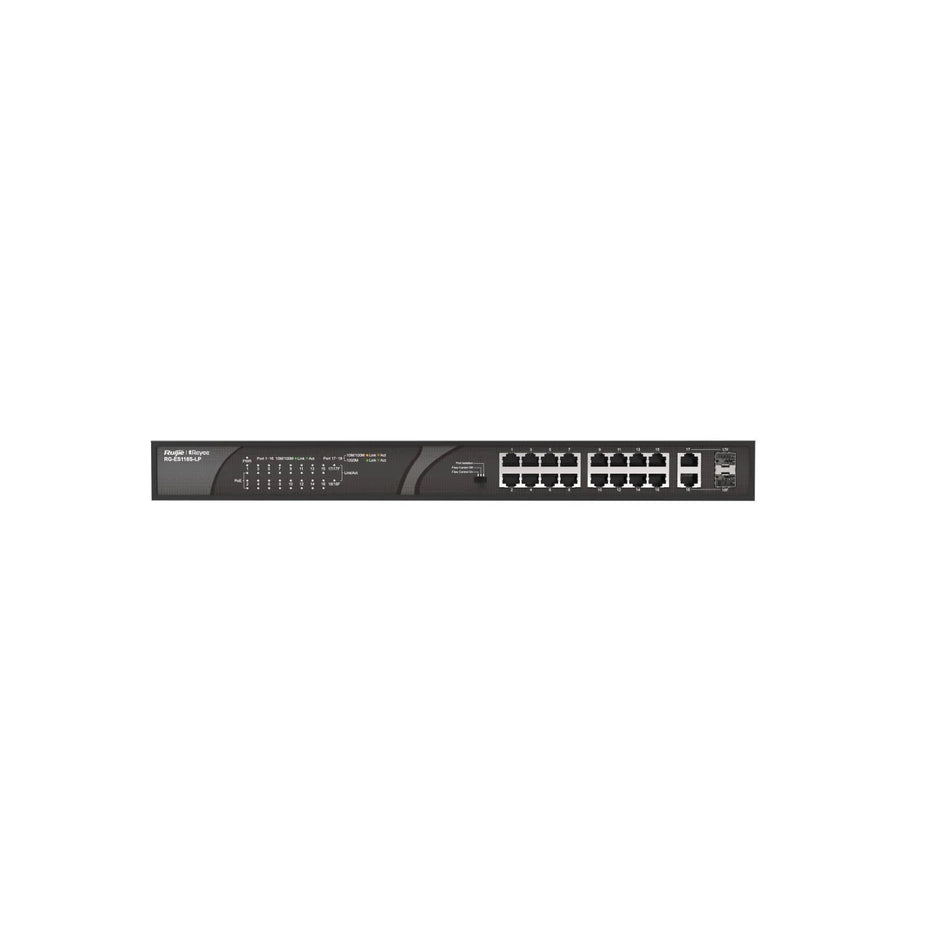 Reyee 16-Port 100Mbps + 2 Gigabit RJ45/SFP combo Ports, 16 of the ports support PoE/PoE+ power supply. Max PoE power budget is 120W, unmanaged switch