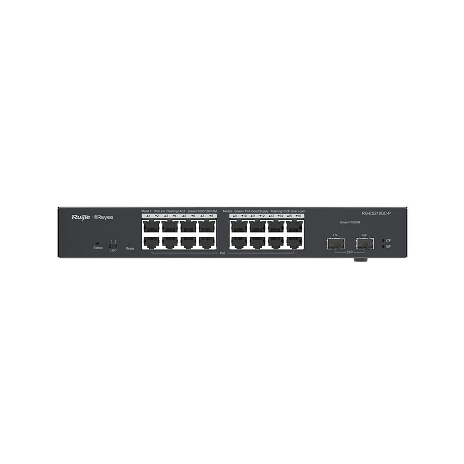 Reyee 18-Port Gigabit Smart POE Switch, 16 Gigabit RJ45 Ports including 16 POE/POE+ Ports, 2 SFP Slots, 240W PoE power budget,13-inch Rack-mountable Steel Case