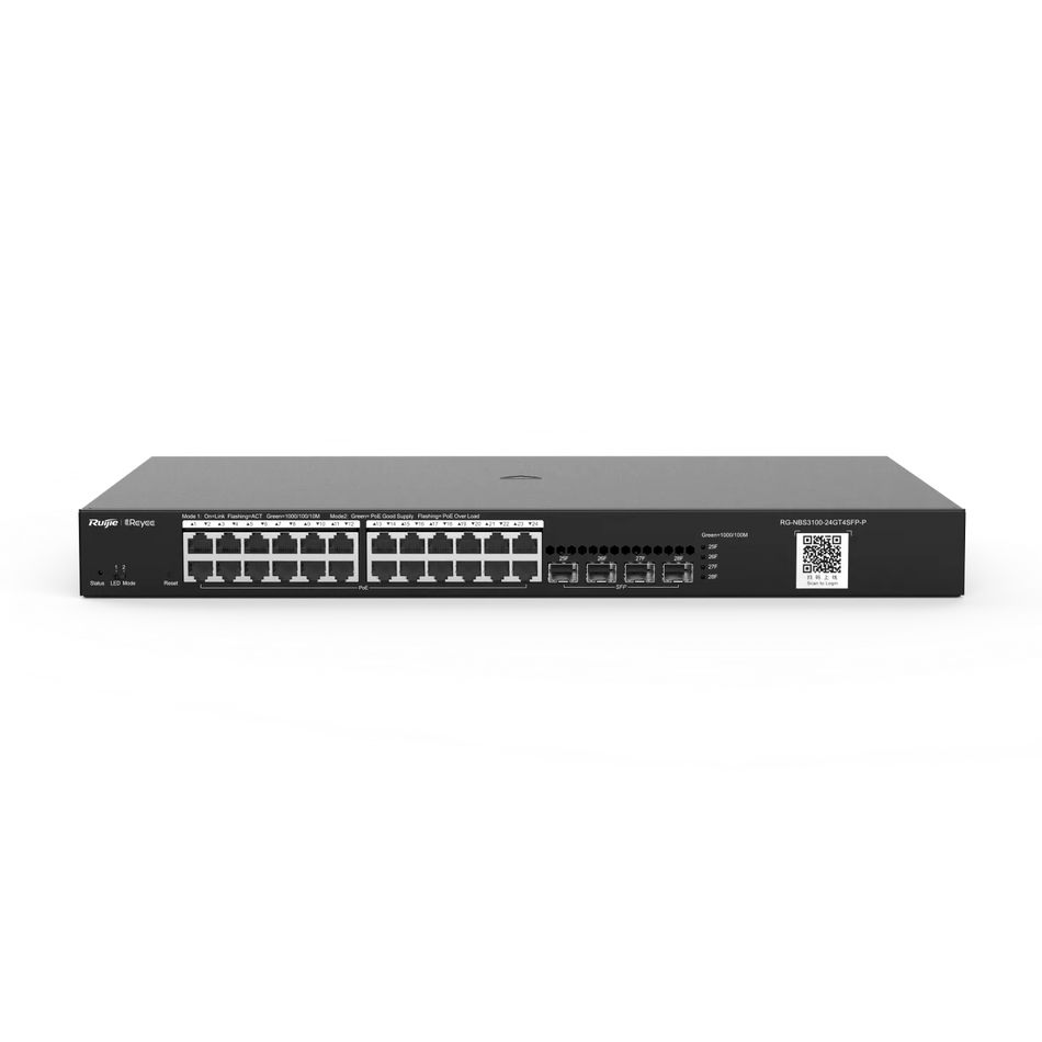 Reyee 48 × 10/100/1000Base-T copper ports with auto-negotiation, 4 × 1GE SFP ports, fixed single AC power supply, PoE/PoE+ power supply, 370 W PoE power supply