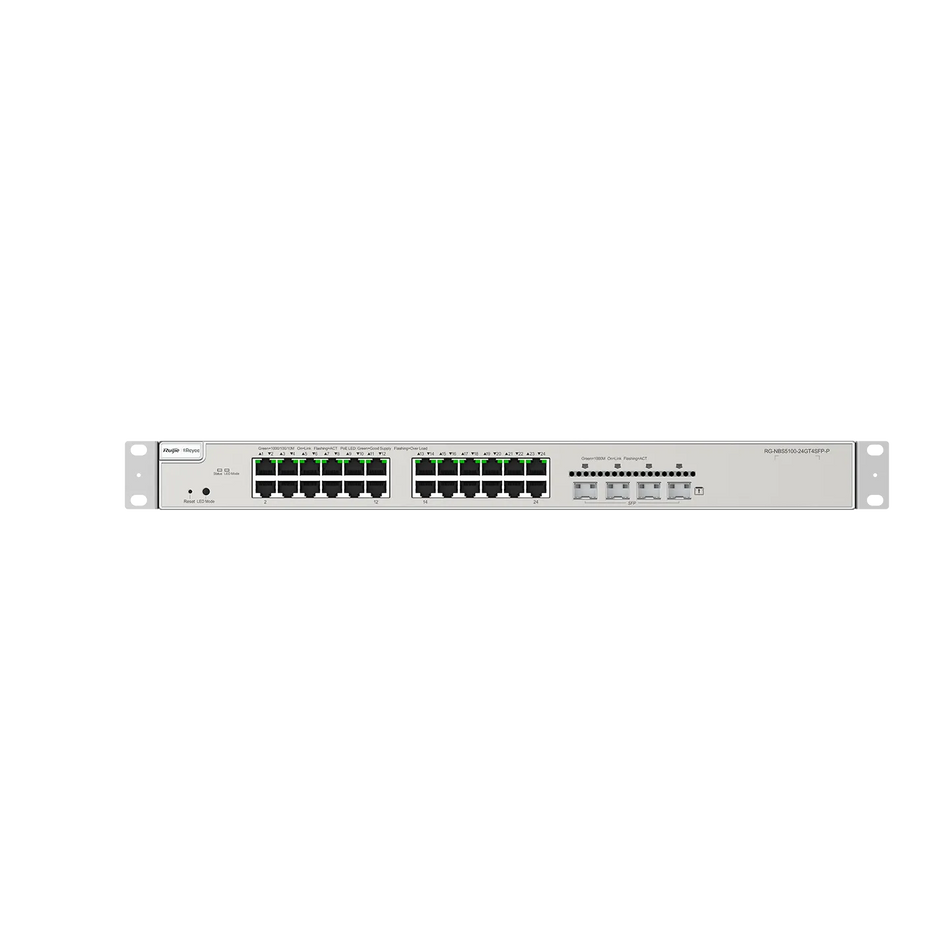 Reyee 24 × 10/100/1000Base-T copper ports with auto-negotiation, 4 × 1GE SFP ports, fixed single AC power supply, PoE/PoE+ power supply, 370 W PoE power supply